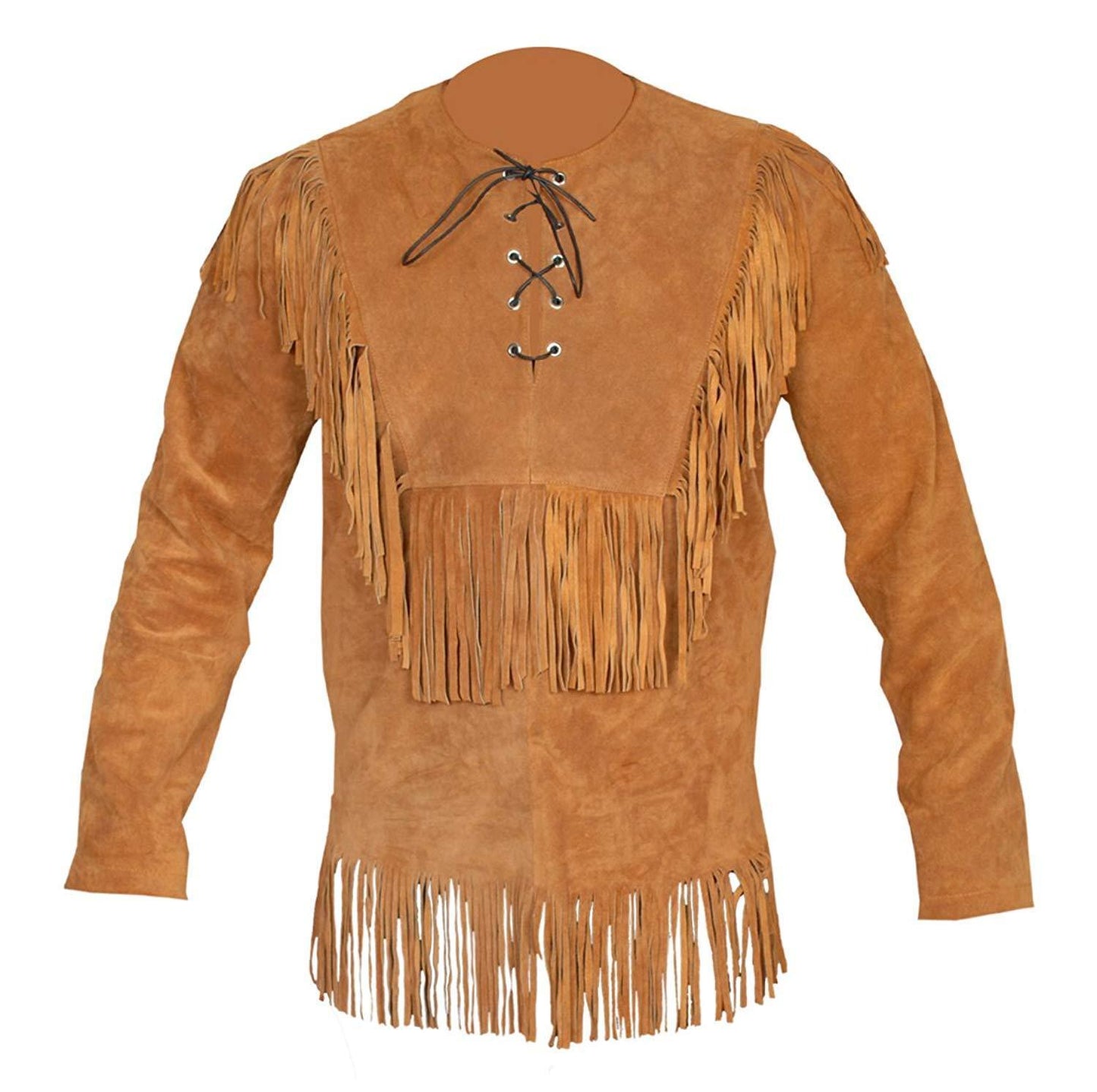 Men's Western Golden Brown Buckskin Hide Mountain Man Fringes Pullover Shirt MMS106