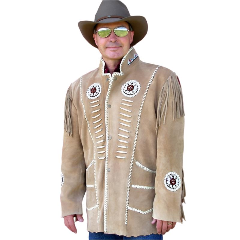 Men's Western Beige Suede Leather Fringes Beaded Jacket MWJ879