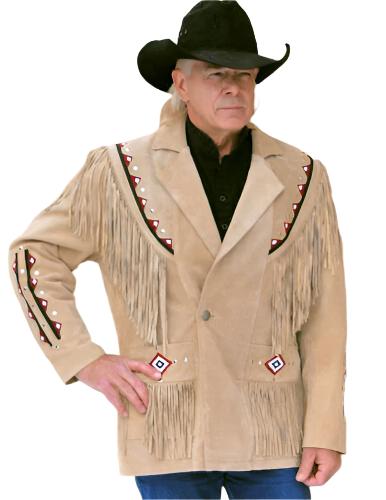 Men's Western Beige Suede Leather Fringe Beaded Jacket MW880