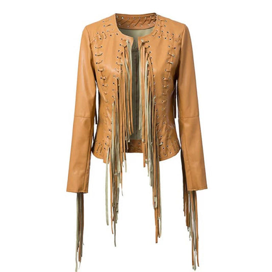 Golden Brown Leather Long Fringe Jacket For Women WWJ524