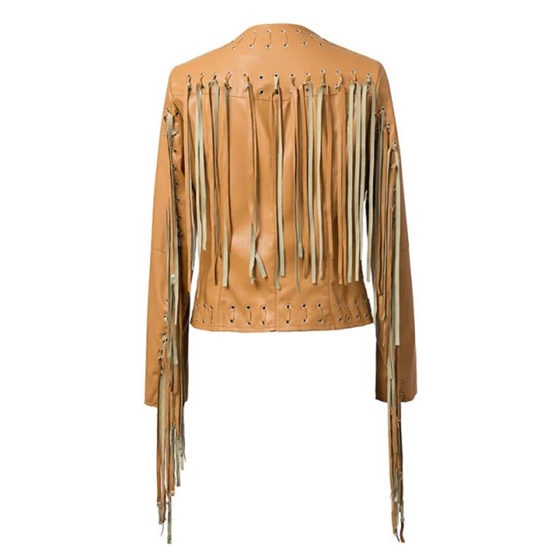 Golden Brown Leather Long Fringe Jacket For Women WWJ524