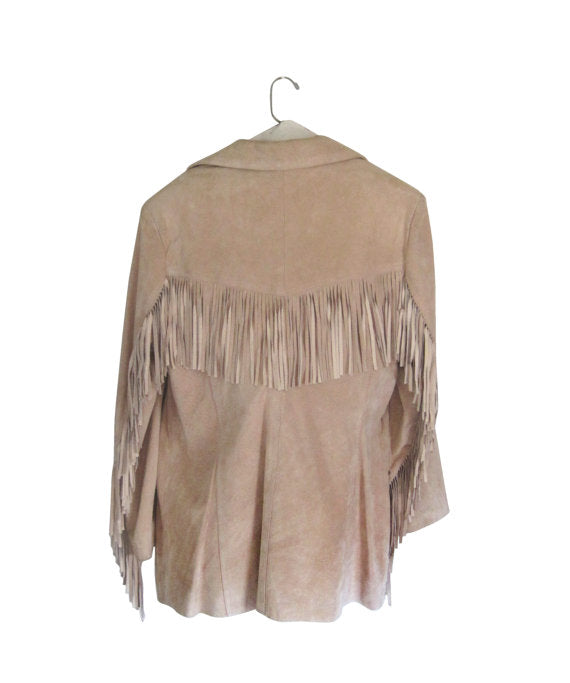 Beige Suede Leather Fringes Jacket Coat For Women WWJ519