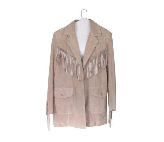 Beige Suede Leather Fringes Jacket Coat For Women WWJ519