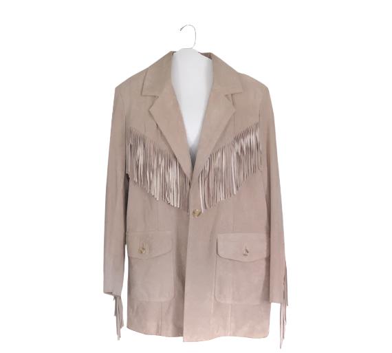 Western Beige Suede Leather Fringes Long Jacket Coat WWJ663