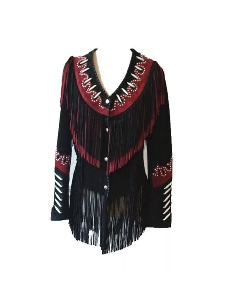 Cowgirl's Black Suede Leather Fringe Bead Bones Jacket WWJ602