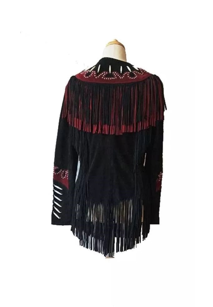 Cowgirl's Black Suede Leather Fringe Bead Bones Jacket WWJ602