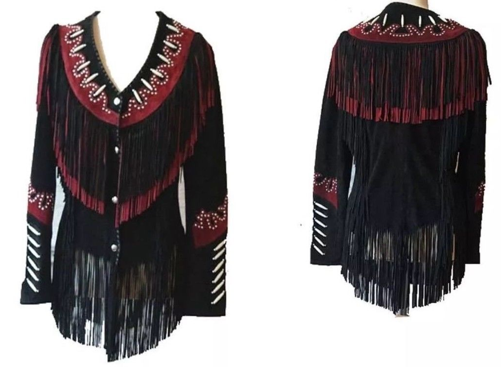 Cowgirl's Black Suede Leather Fringe Bead Bones Jacket WWJ602