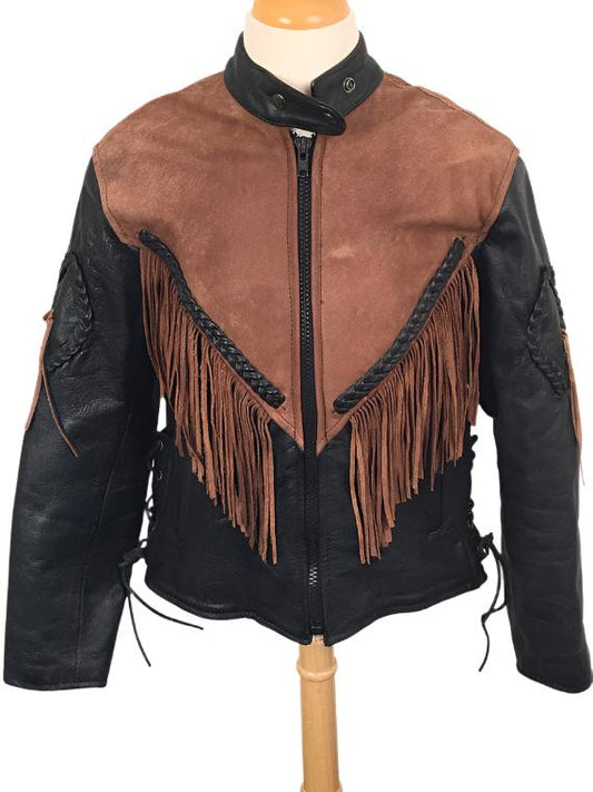 Cowgirl Brown Suede & Black Leather Fringe Biker Jacket WWJ624