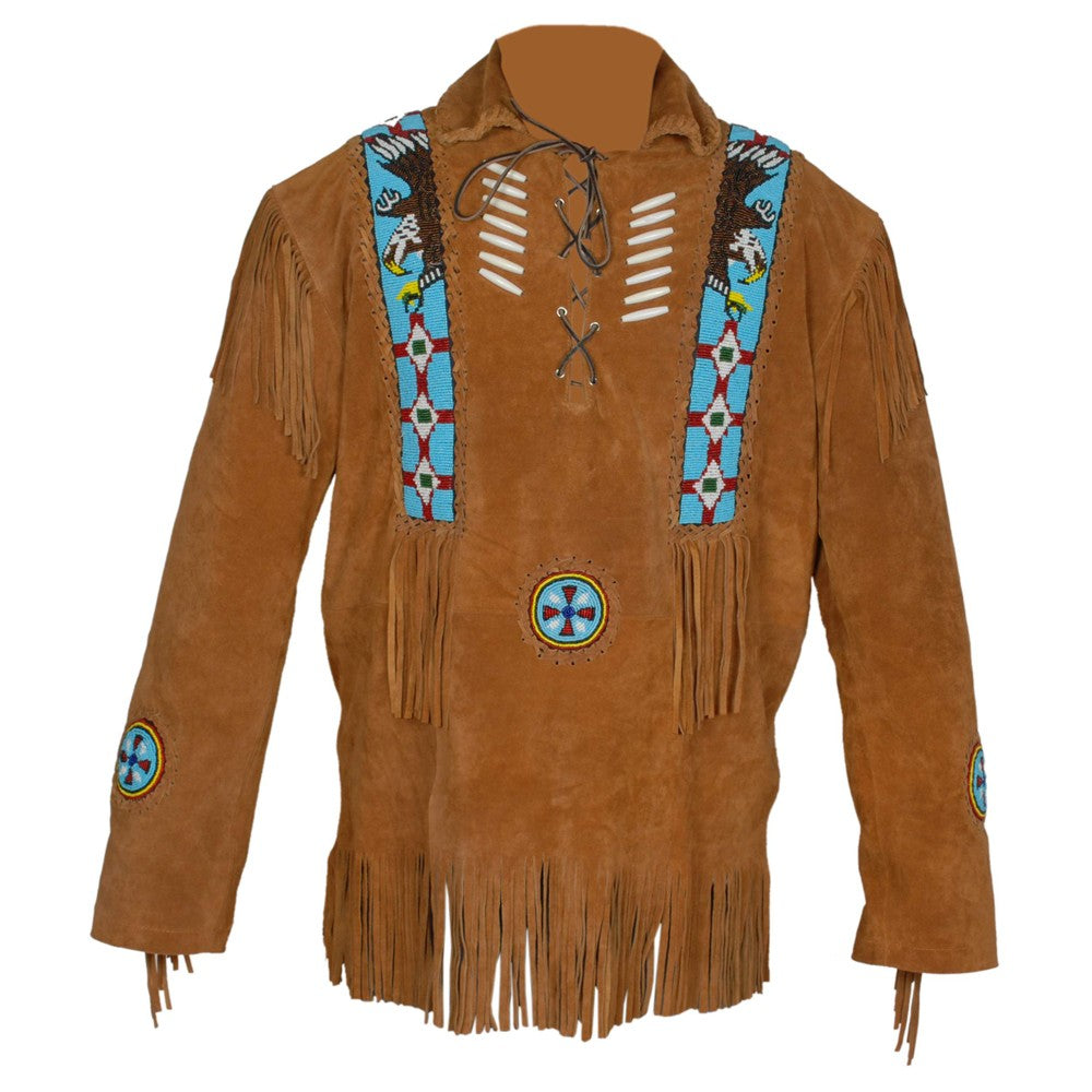 Men's Western Buckskin Suede Leather Mountain Man Shirt Fringe Beaded MMS755