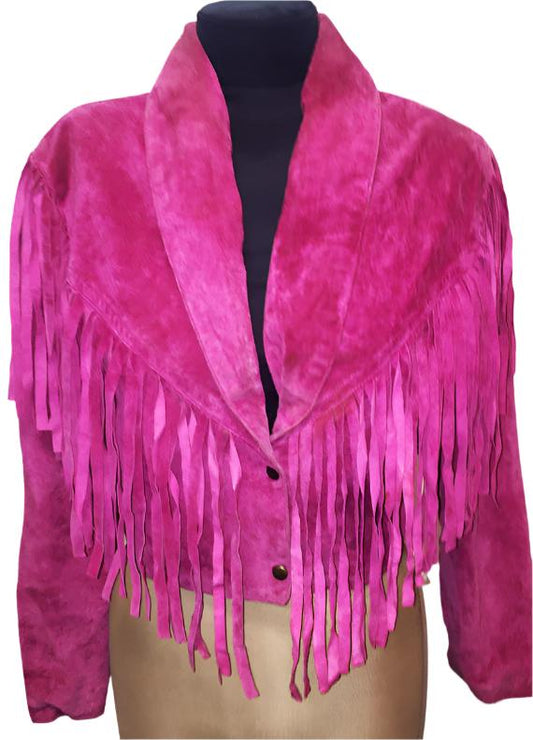 Pink Suede Leather Fringe Short Jacket For Women WWJ676