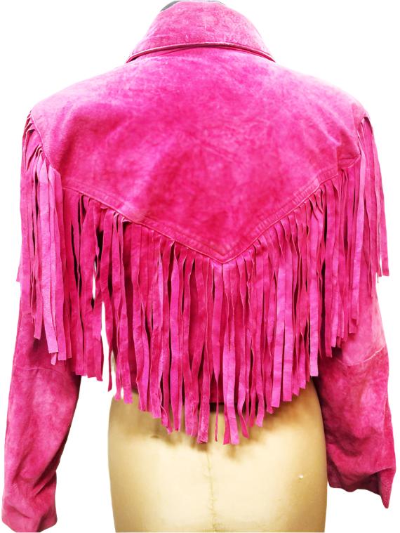 Pink Suede Leather Fringe Short Jacket For Women WWJ676