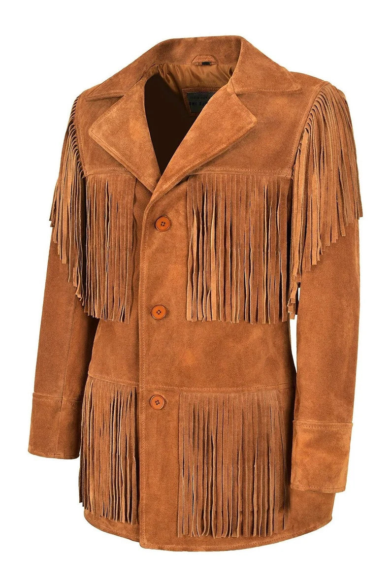 Brown Suede Leather Fringes Jacket For Women WWJ506