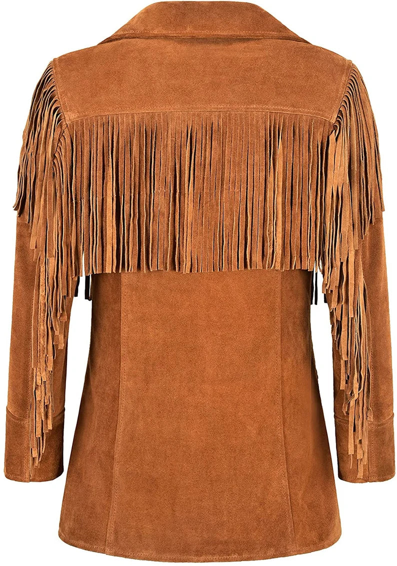 Brown Suede Leather Fringes Jacket For Women WWJ506