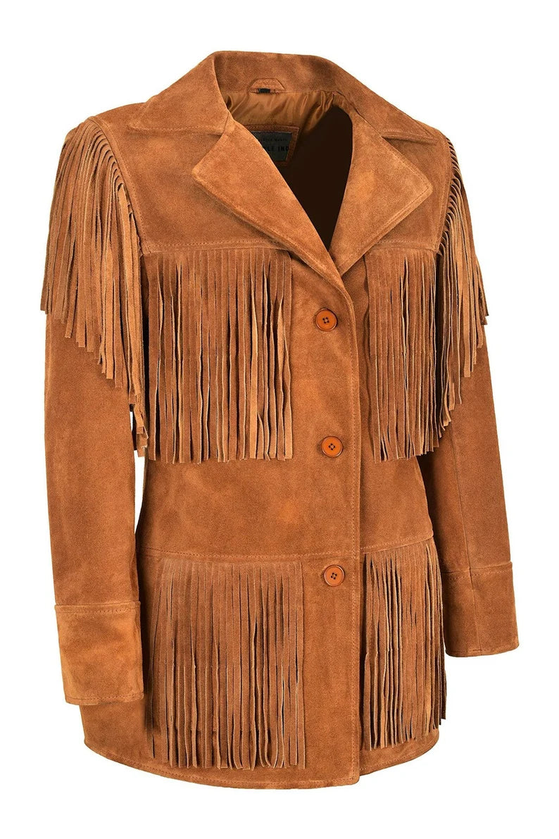 Brown Suede Leather Fringes Jacket For Women WWJ506