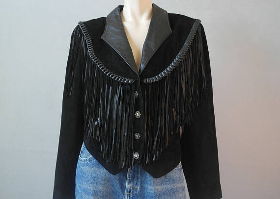 Black Suede Leather Fringe Short Jacket Cowgirl WWJ531