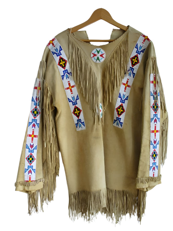 Beige Buckskin Leather Old Native American Style Beaded Powwow War Shirt PWNS802