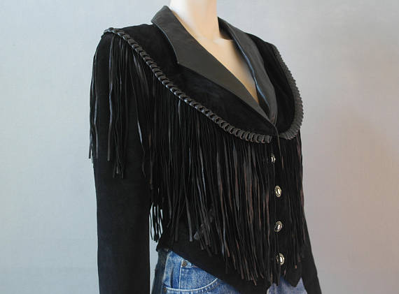 Black Suede Leather Fringe Short Jacket Cowgirl WWJ531