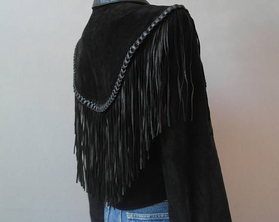 Black Suede Leather Fringe Short Jacket Cowgirl WWJ531