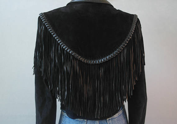 Black Suede Leather Fringe Short Jacket Cowgirl WWJ531