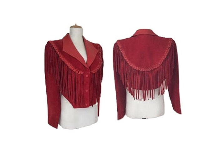 Western Red Suede Leather Fringes Cowgirl Jacket WWJ598