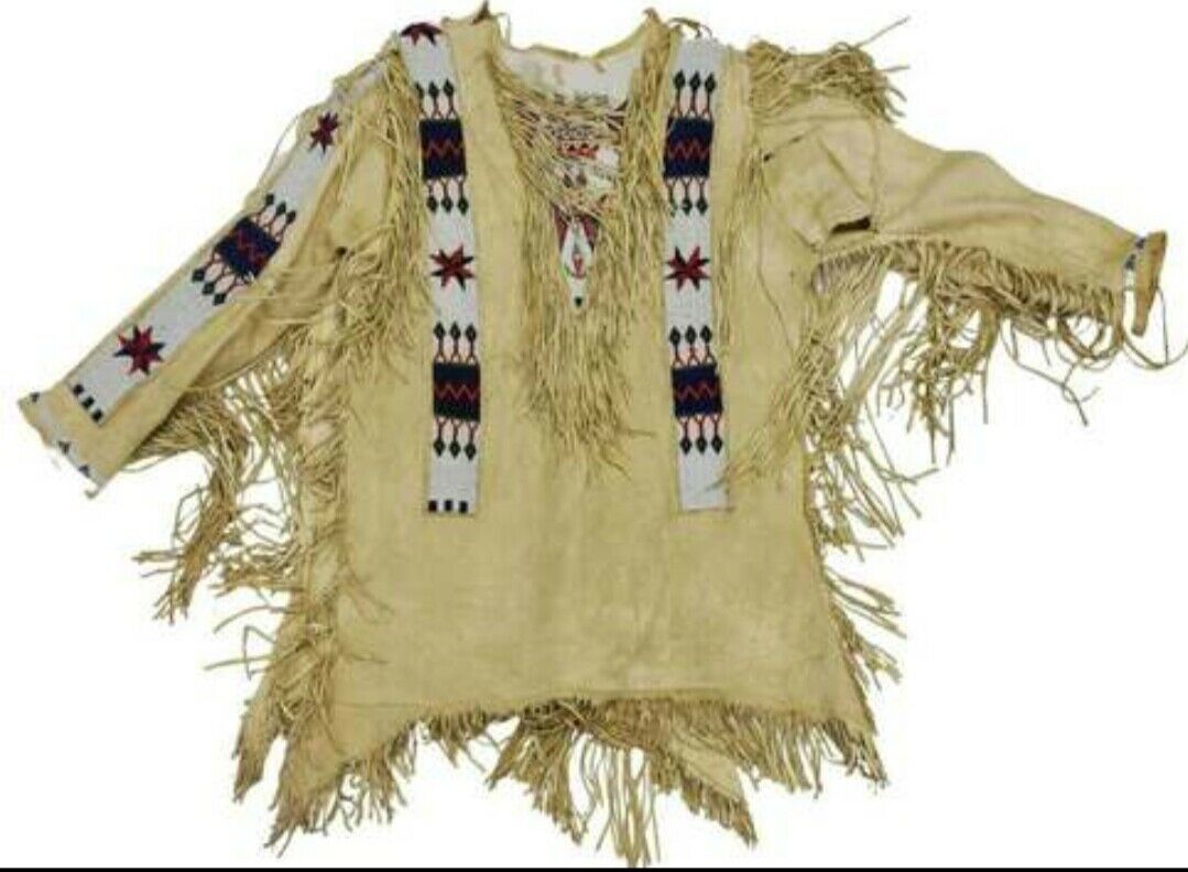 Beige Buckskin Leather Old Native American Style Beaded Powwow War Shirt PWNS814