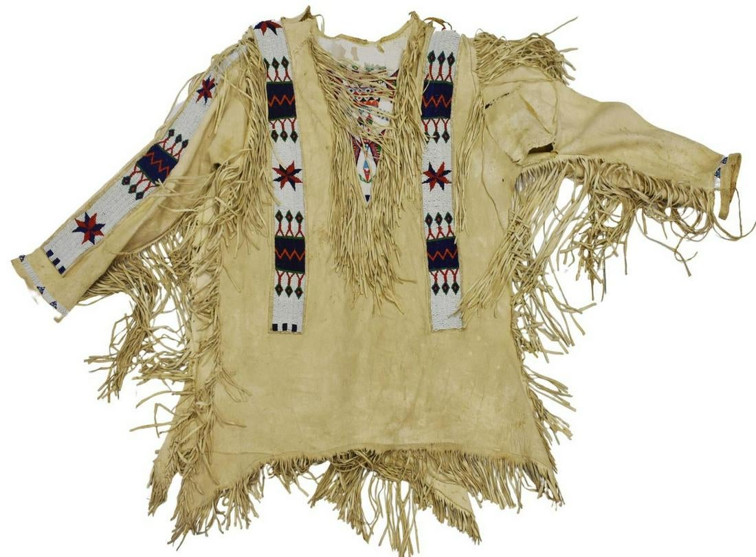 Beige Buckskin Leather Old Native American Style Beaded Powwow War Shirt PWNS814