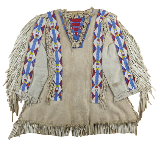 Beige Buckskin Leather Old Native American Style Beaded Powwow War Shirt PWNS817