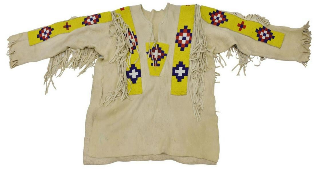 Beige Buckskin Leather Old Native American Style Beaded Powwow War Shirt PWNS818