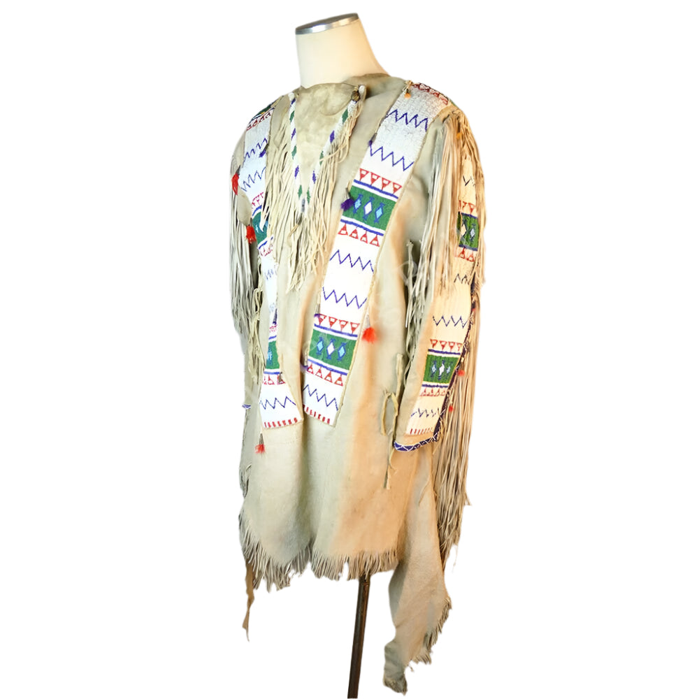 Beige Buckskin Leather Old Native American Style Beaded Powwow War Shirt PWNS821