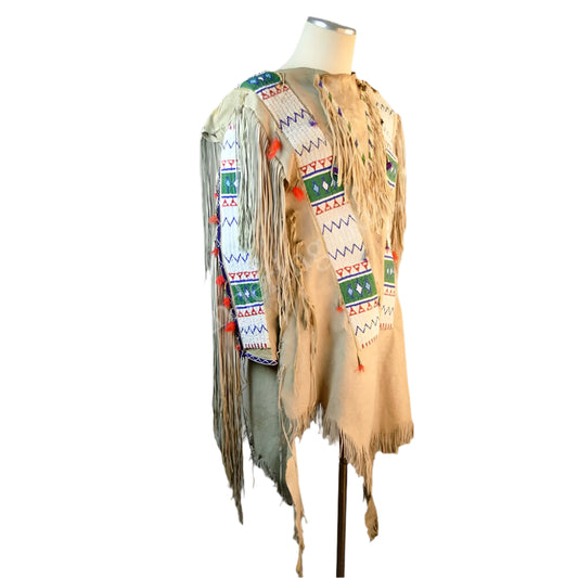 Beige Buckskin Leather Old Native American Style Beaded Powwow War Shirt PWNS821