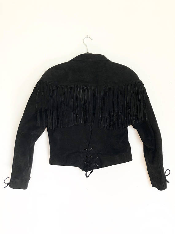 Black Suede Leather Fringe Short Jacket For Women WWJ532