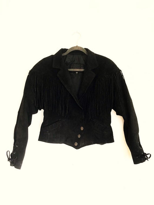 Black Suede Leather Fringe Short Jacket For Women WWJ532