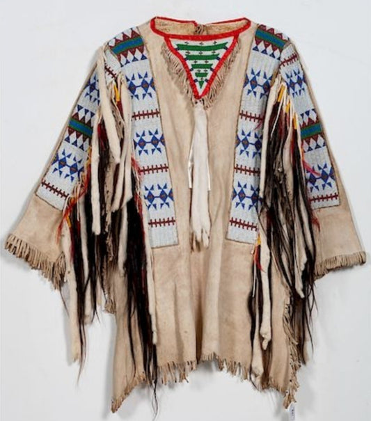 Old Style Beige Buckskin Suede Hide Fringes Beaded Powwow Regalia War Shirt NA832