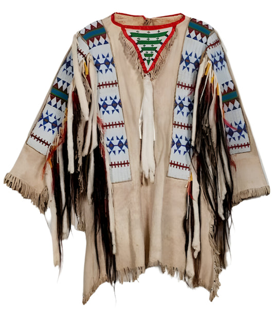 Beige Buckskin Leather Old Native American Style Beaded Powwow War Shirt PWNS832