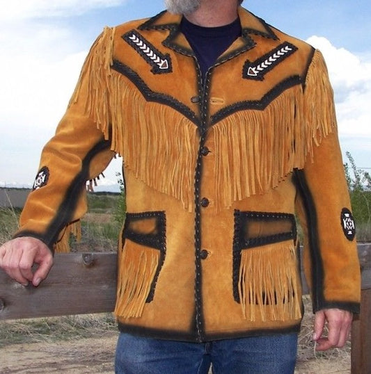 Men's Western Brown Buckskin Suede Leather Beaded Fringes Jacket MW84