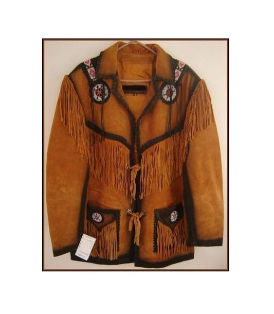 Men's Western Brown Buckskin Suede Leather Beaded Fringes Jacket MW85