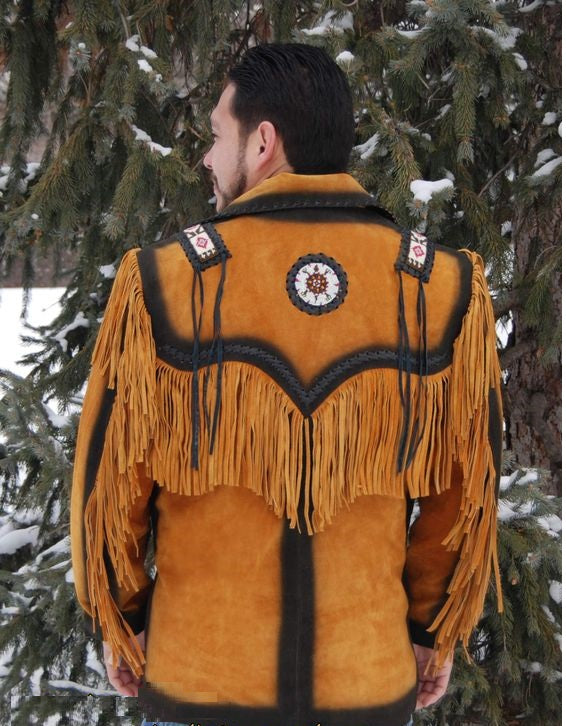 Men's Western Brown Buckskin Suede Leather Beaded Fringes Jacket MW85