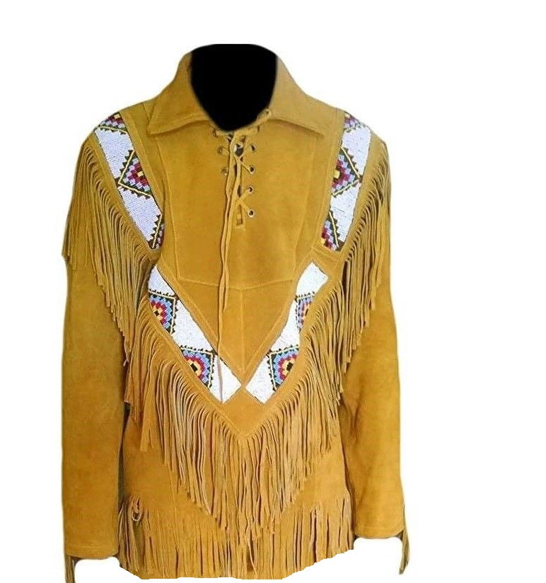 Men's Western Buckskin Suede Hide Mountain Man Shirt Fringe Beaded MMS86