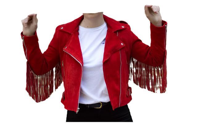 Western Red Suede Leather Fringes Cowgirl Biker Jacket WWJ584