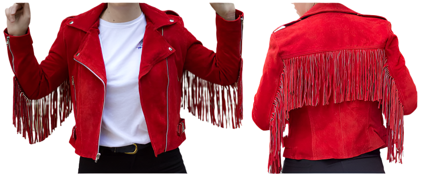 Western Red Suede Leather Fringes Cowgirl Biker Jacket WWJ584