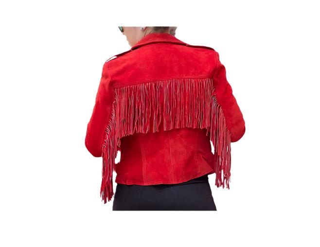 Western Red Suede Leather Fringes Cowgirl Biker Jacket WWJ584