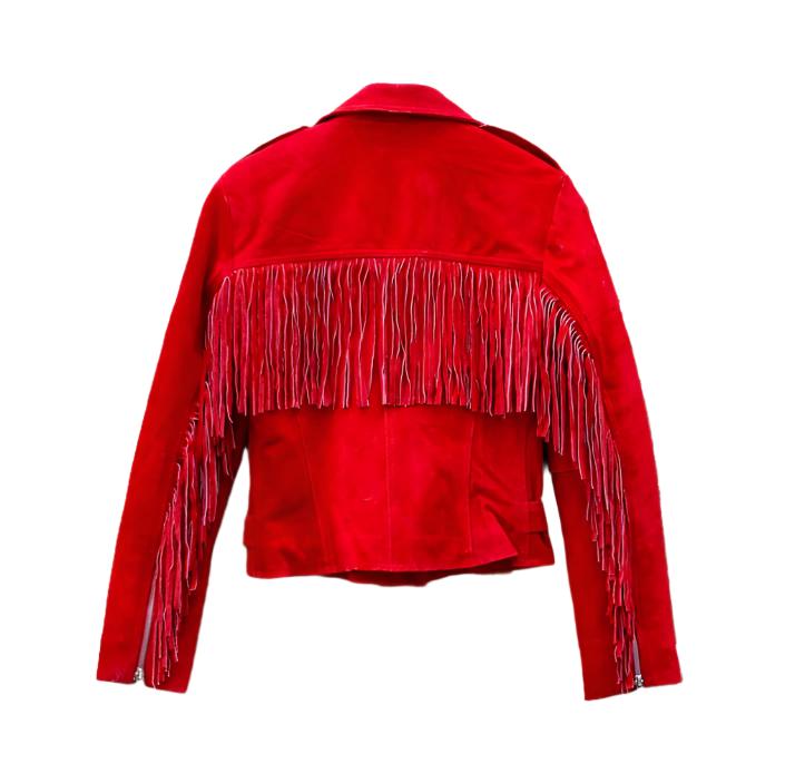 Western Red Suede Leather Fringes Cowgirl Biker Jacket WWJ584