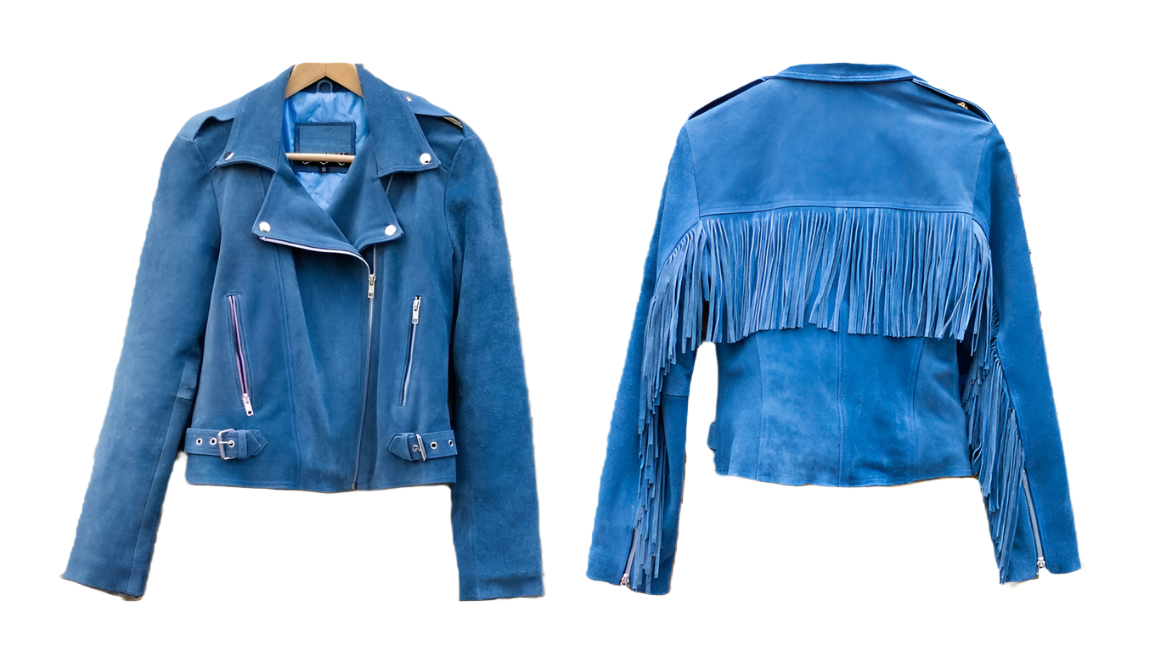 Blue Suede Leather Fringes Biker Jacket For Women WWJ693