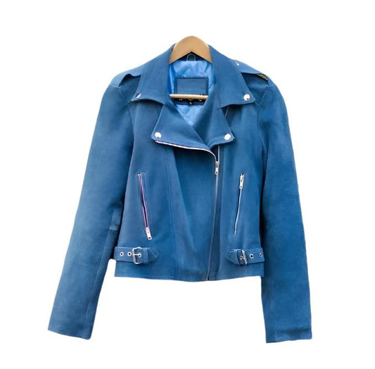 Blue Suede Leather Fringe Jacket For Women WWJ660