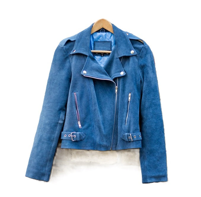 Blue Suede Leather Fringes Biker Jacket For Women WWJ693