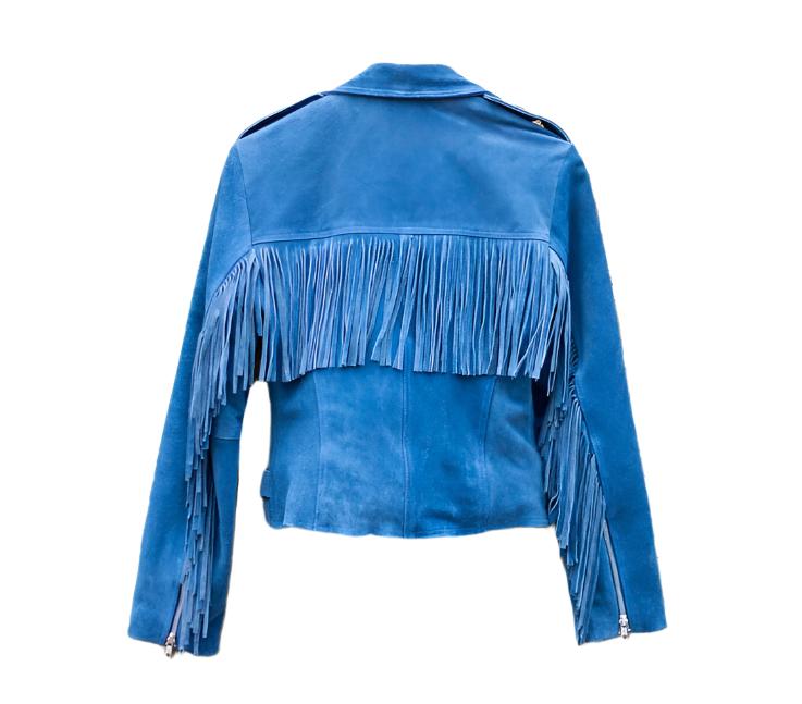 Blue Suede Leather Fringe Jacket For Women WWJ660