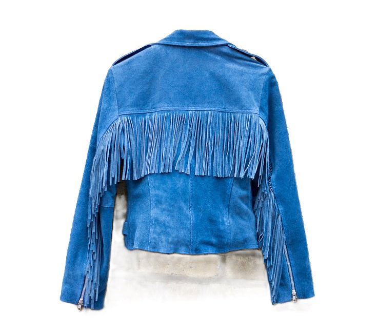 Blue Suede Leather Fringes Biker Jacket For Women WWJ693