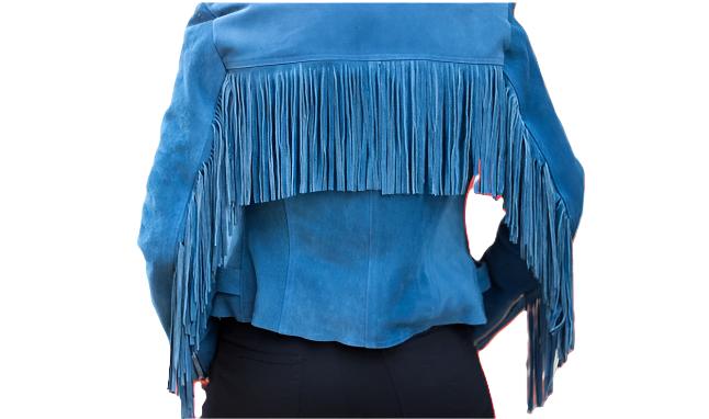 Blue Suede Leather Fringe Jacket For Women WWJ660