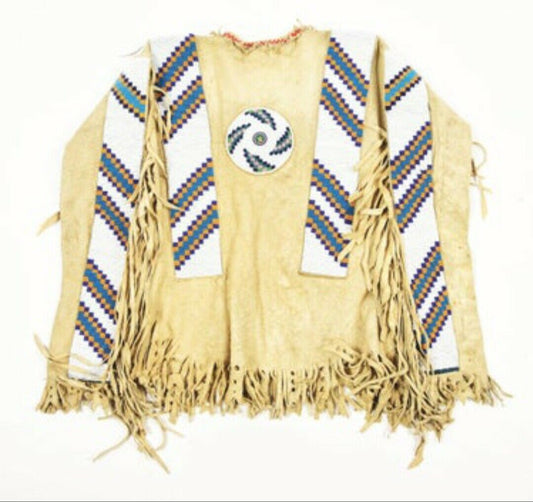 Beige Buckskin Leather Old Native American Style Beaded Powwow War Shirt PWNS886