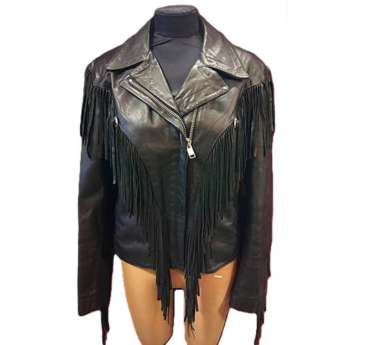 Black Real Leather Fringe Biker Jacket For Women WWJ533